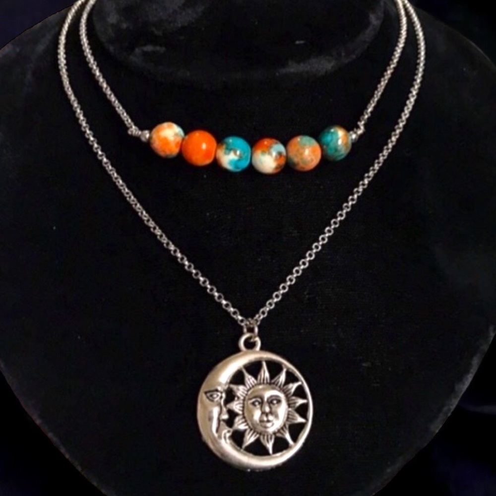 Double row boho bead necklace moon & sun charm